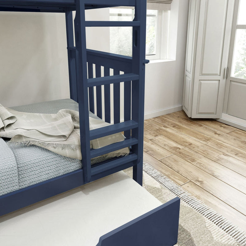 Blue wooden bunk bed with railings in a cozy bedroom featuring light wood flooring and a woven rug.