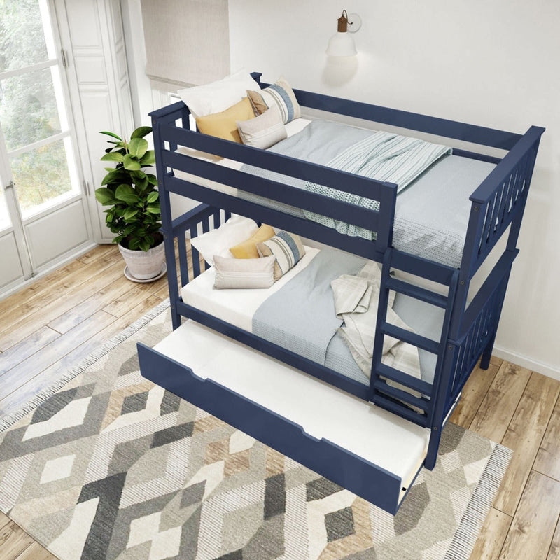 Elegant navy blue bunk bed with trundle in a cozy bedroom setting, featuring wood flooring and a geometric rug, ideal for maximizing space and style in small to medium-sized rooms.