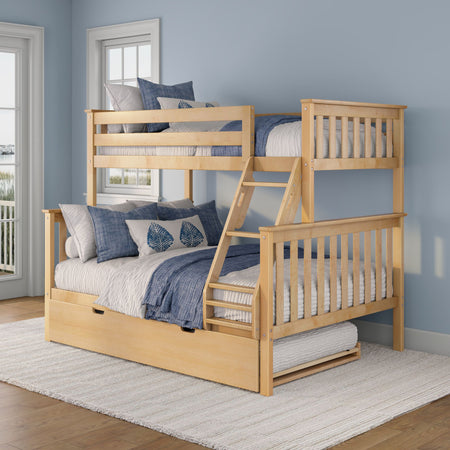Light wood bunk bed with ladder and trundle, blue-gray bedding and decorative pillows in a coastal-style kids' bedroom