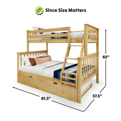 Rustic wooden twin over full bunk bed with ladder, dimensions 81.5"x57.5"x65", ideal for maximizing space in kids’ bedrooms or guest rooms.