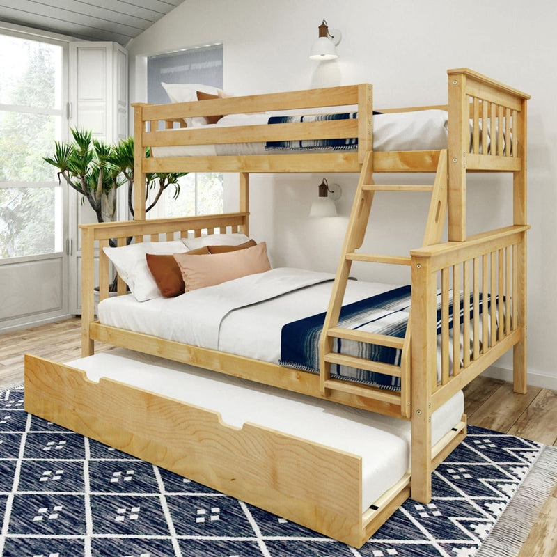 Wooden bunk bed with pull-out trundle in a cozy bedroom setting.