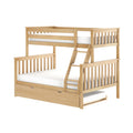 Natural maple solid wood twin-over-full bunk bed with ladder, slatted headboards and under-bed trundle — space-saving kids bedroom furniture