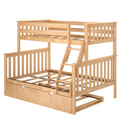 Wooden bunk bed with ladder and pull-out drawer, perfect for maximizing bedroom space.