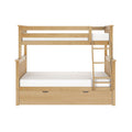 Twin-over-full wooden bunk bed in light maple finish with ladder, slatted rails and under-bed storage drawer — space-saving kids bedroom furniture