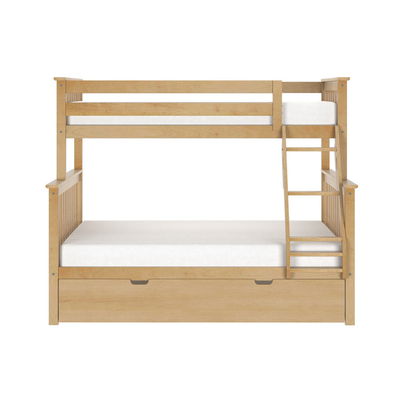 Twin-over-full wooden bunk bed in light maple finish with ladder, slatted rails and under-bed storage drawer — space-saving kids bedroom furniture