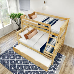 Wooden bunk bed with pull-out trundle in bright airy room, featuring modern decor and large window.