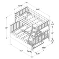 Isometric assembly diagram of a wooden bunk bed frame with ladder and safety rails, detailed labeled dimensions in inches for twin-over-full bunk bed (81.5, 74.5, 58.5, 42.75, 65) and parts layout for assembly instructions