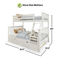 White bunk bed with ladder and trundle, measuring 81.5 inches long, 57.5 inches wide, and 65 inches high.