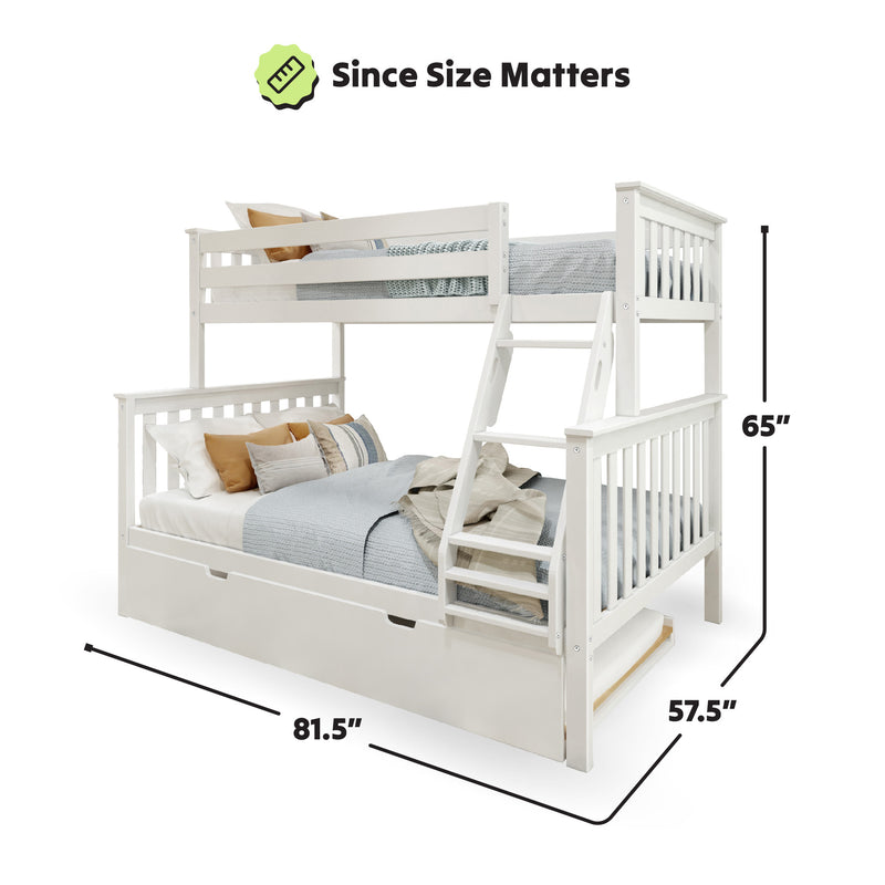 White bunk bed with ladder and trundle, measuring 81.5 inches long, 57.5 inches wide, and 65 inches high.
