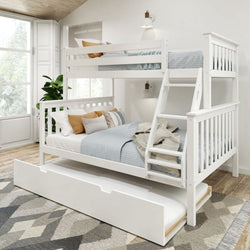 White wooden bunk bed with trundle in a modern, bright bedroom featuring cozy bedding and decorative pillows.