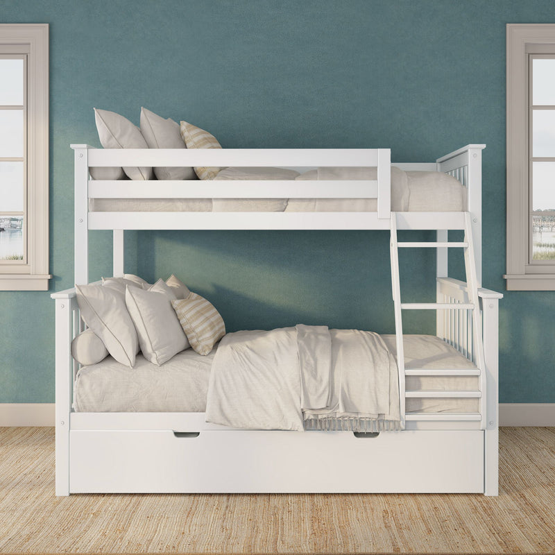 White wooden bunk bed with ladder and under-storage drawer, beige linens and pillows against teal textured wall between two windows