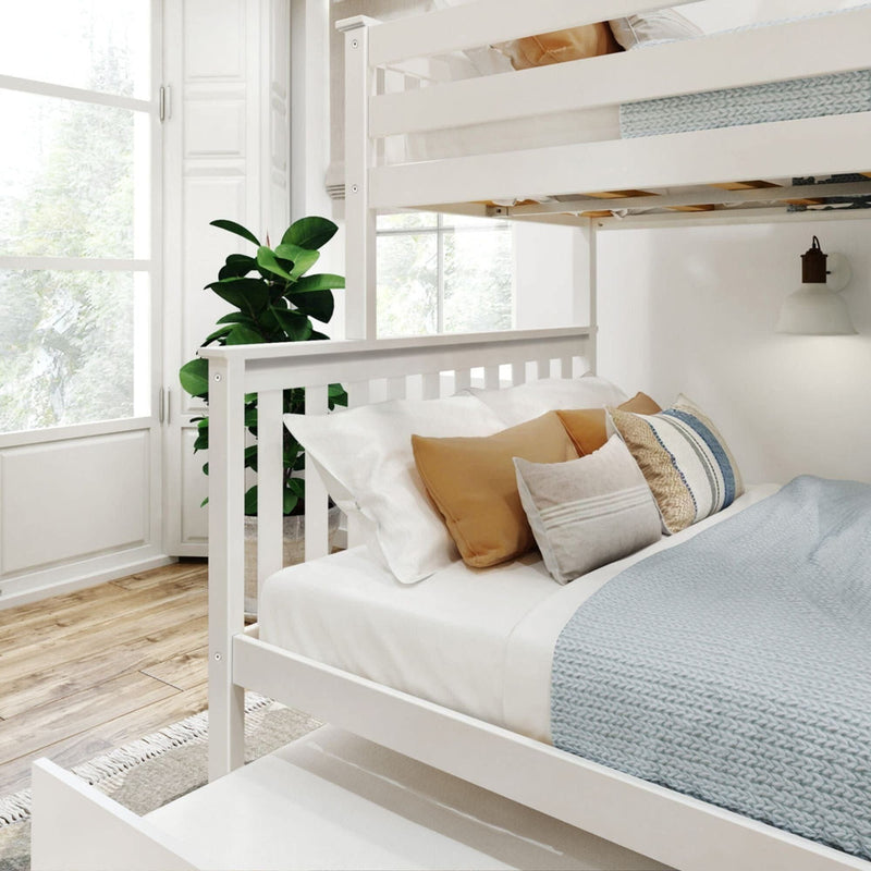 Stylish white bunk bed in a modern bedroom with cozy pillows and natural light.