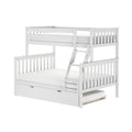 White wooden loft bunk bed with angled ladder, slatted safety rails and under-bed trundle drawer on a white background