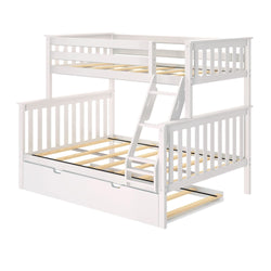 White wooden bunk bed with ladder and trundle for kids' bedroom.