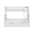 White wooden loft bunk bed with safety rail, side ladder and built-in trundle storage drawer for kids