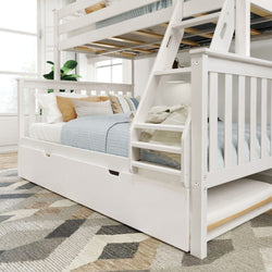 White wood bunk bed with ladder and pull-out trundle in modern bedroom setting.
