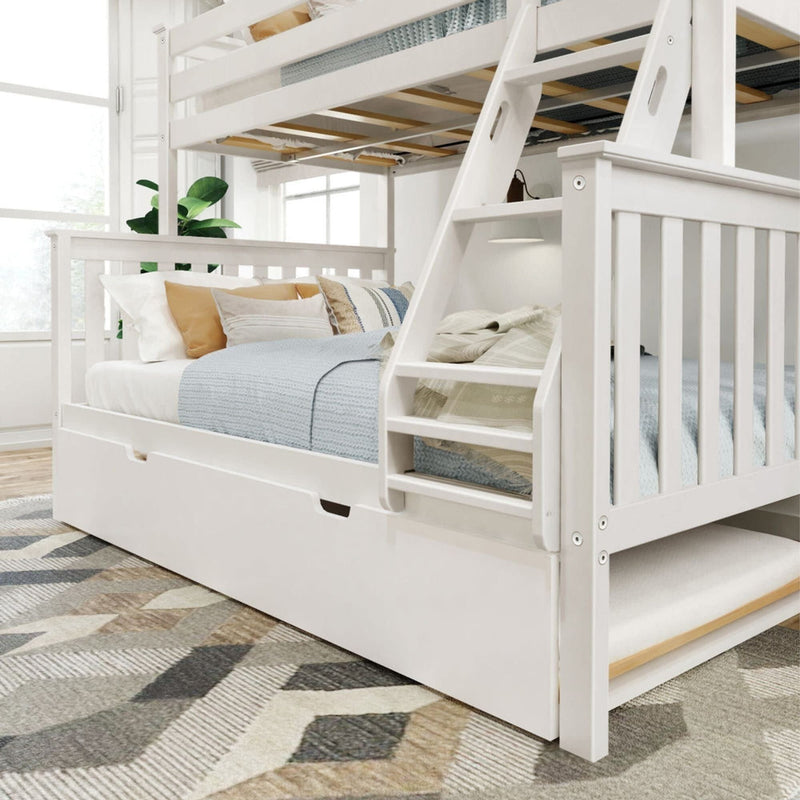 White wood bunk bed with ladder and pull-out trundle in modern bedroom setting.