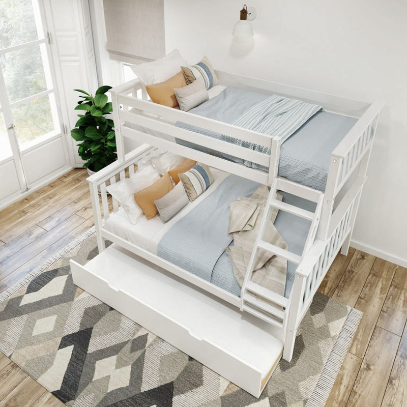 White bunk bed with blue bedding and decorative pillows in a modern room with wooden floors and geometric rug.