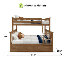 Rustic wooden bunk bed with dimensions 65 inches tall, 81.5 inches long, and 57.5 inches wide, featuring a sturdy ladder and under-bed storage.