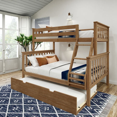 Wooden triple bunk bed with trundle in modern bedroom.