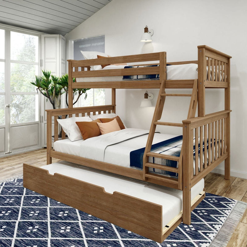 Wooden triple bunk bed with trundle in modern bedroom.