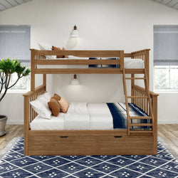 Wooden bunk bed with ladder in modern bedroom featuring white walls, blue patterned rug, and natural light.