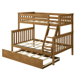 Wooden bunk bed with integrated ladder and pull-out trundle drawer for additional storage.