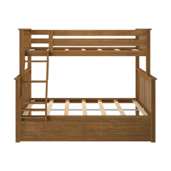 Wooden triple bunk bed with built-in ladder and spacious storage drawer.
