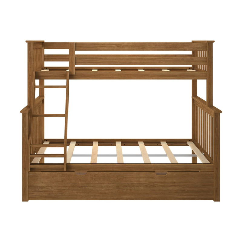 Wooden triple bunk bed with built-in ladder and spacious storage drawer.