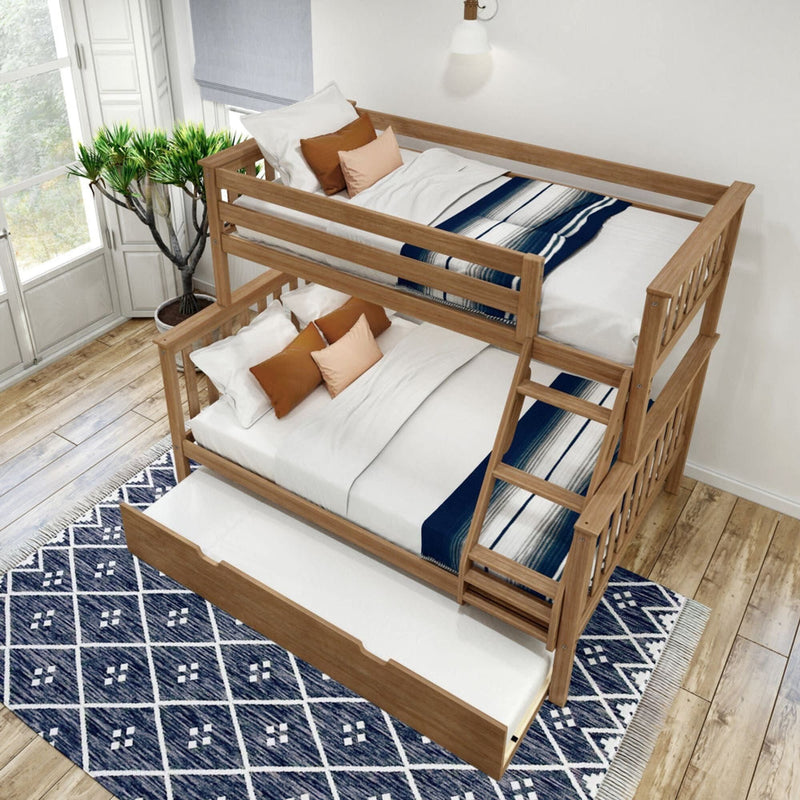 Wooden bunk bed with blue and white bedding, trundle storage, and decorative pillows in a bright, modern bedroom.