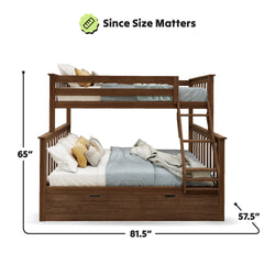 Bunk bed with dimensions: 65 inches high, 81.5 inches long, 57.5 inches wide, wooden frame, ladder, featuring bedding and pillows.