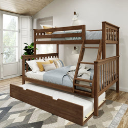 Wooden bunk bed with trundle and bedding in a modern bedroom setting.