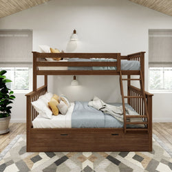 Wooden bunk bed with storage drawers in a modern bedroom setting.
