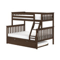 Twin-over-full wooden bunk bed with angled ladder, slatted guardrails and under-bed storage drawer in dark brown finish with white mattresses