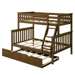 Wooden bunk bed with pull-out trundle and ladder, ideal for maximizing space in small bedrooms.