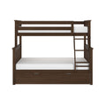 Dark walnut twin-over-full wooden bunk bed with ladder, under-bed storage drawers and slatted mission-style headboards