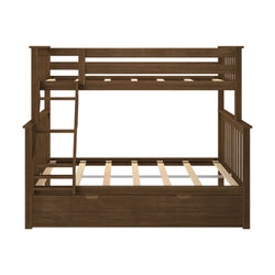 Wooden bunk bed frame with built-in ladder and storage drawer, perfect for maximizing space in kids' bedrooms.