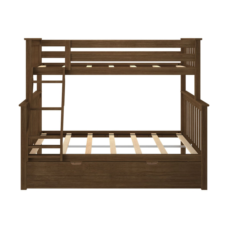 Wooden bunk bed frame with built-in ladder and storage drawer, perfect for maximizing space in kids' bedrooms.