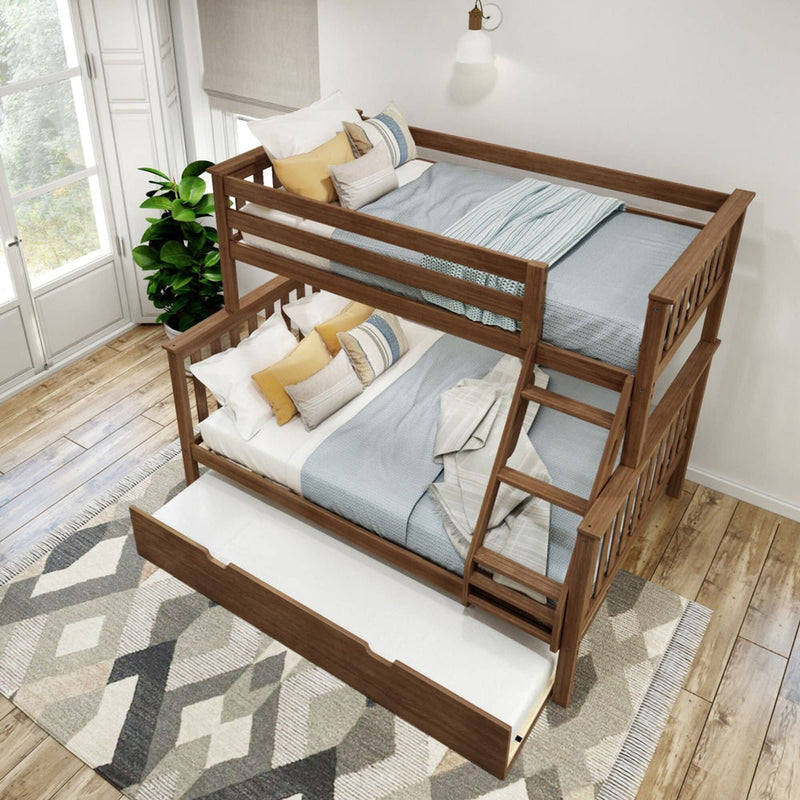 Rustic wooden bunk bed with trundle in modern bedroom setting.