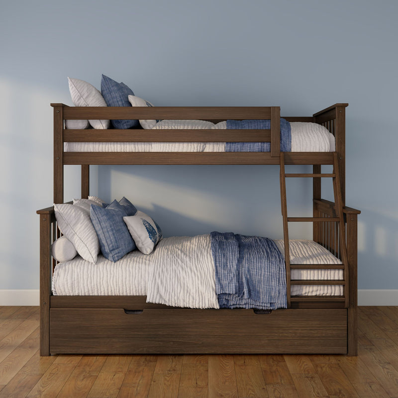 Solid wood bunk bed with ladder and under-bed storage, styled with blue and white quilted bedding in a light-blue kids' bedroom
