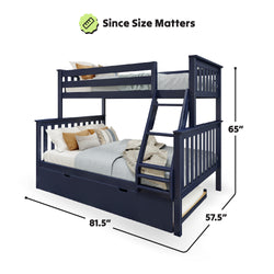 Navy blue full over twin bunk bed with ladder, featuring 65" height, 81.5" length, and 57.5" width, perfect for kids' or guest bedrooms.