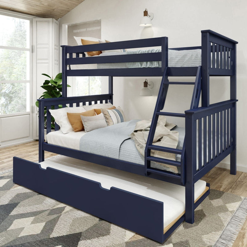 Blue wooden bunk bed with a trundle drawer in a modern bedroom featuring natural light and cozy bedding.