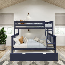 Blue wooden bunk bed in modern bedroom with natural lighting and cozy decor.