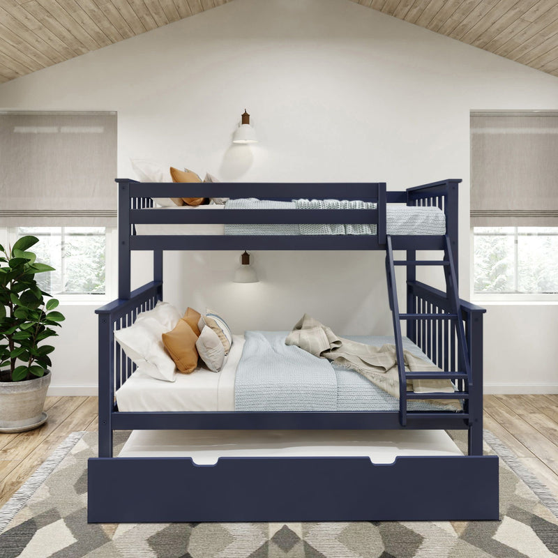 Blue wooden bunk bed in modern bedroom with natural lighting and cozy decor.