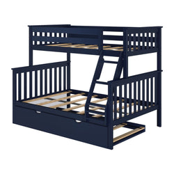Blue wooden bunk bed with a ladder and pull-out storage drawer.