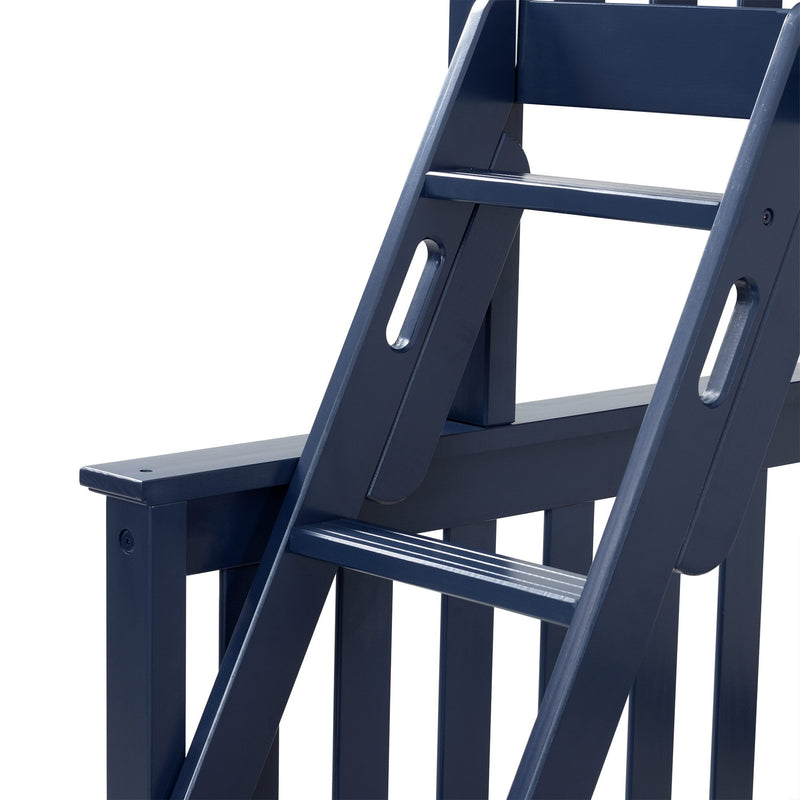 Close-up navy blue wooden Adirondack chair armrest and slats, outdoor patio furniture detail