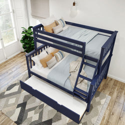 Triple bunk bed with navy blue frame, white bedding, and a trundle drawer in a bright bedroom.