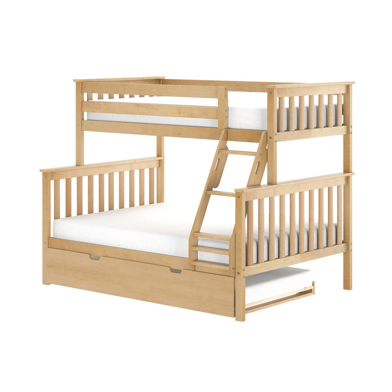 Solid maple twin-over-full bunk bed with ladder, slatted guardrails and underbed storage drawer, natural wood finish