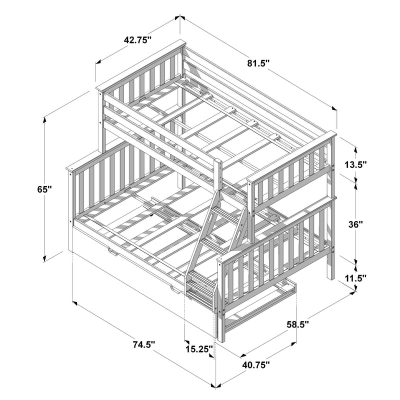 Bunk bed assembly diagram: wooden twin-over-full frame isometric drawing with ladder, guardrails and labeled inch measurements (81.5, 74.5, 58.5, 42.75, 65, 36) for installation and sizing
