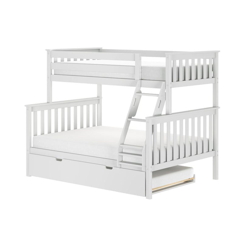 White wooden loft bunk bed with ladder, guardrails, slatted headboards and pull-out storage drawer, modern kids' bedroom furniture